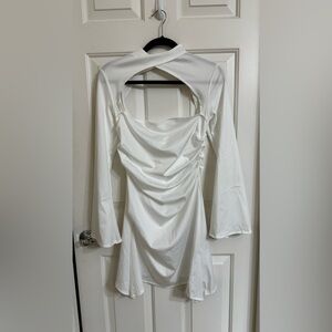 Silky Satin High Neck Long Sleeve Cutout Party Dress - White